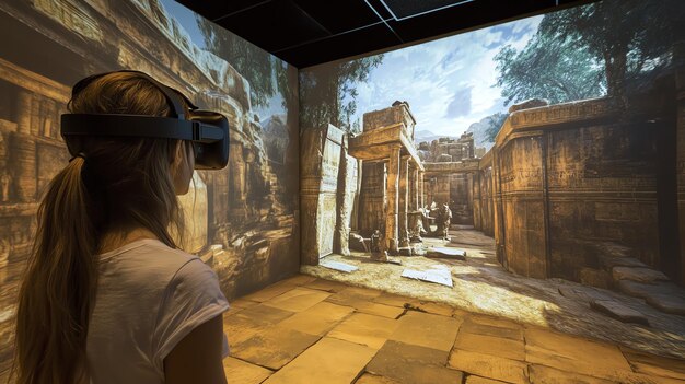 Photo a woman wearing a vr headset experiences a virtual reality simulation of an ancient city