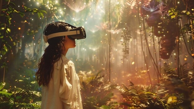 Photo woman wearing vr headset immersed in a magical forest