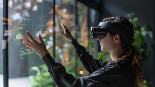 Photo woman wearing vr headset interacting with digital interface