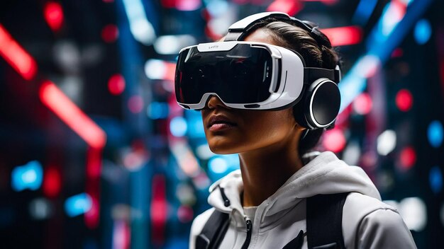 Woman wearing vr headset interacting with virtual elements generated by AI