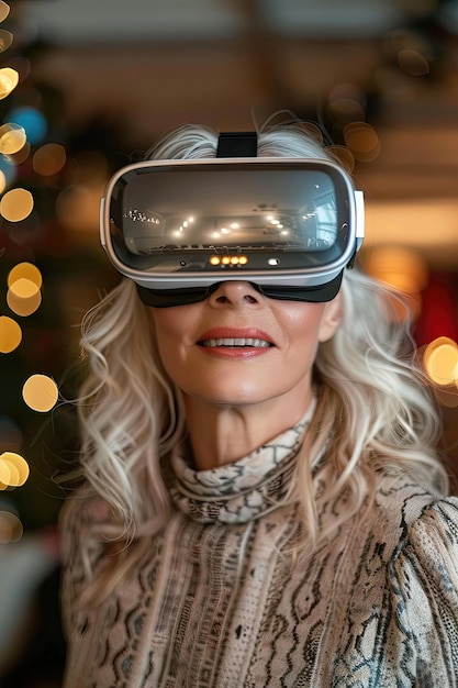 A woman wearing a VR headset is smiling