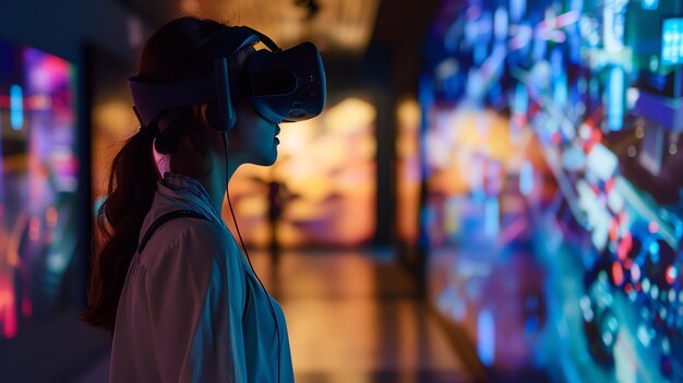 Woman wearing VR headset and looking at colorful display