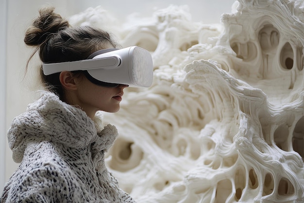 Photo woman wearing vr headset looks at abstract sculpture