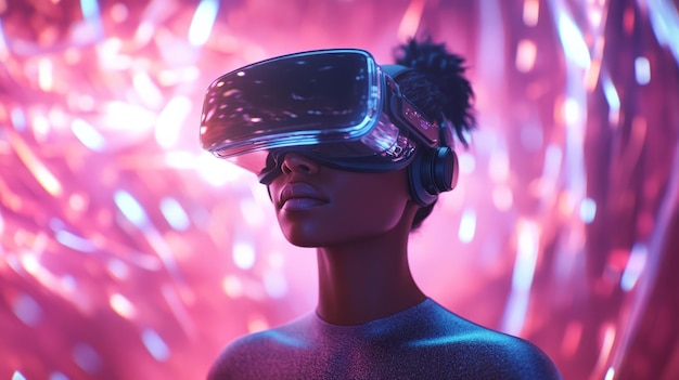 A woman wearing a VR headset looks up with a thoughtful expression against a vibrant pink and blue light backdrop