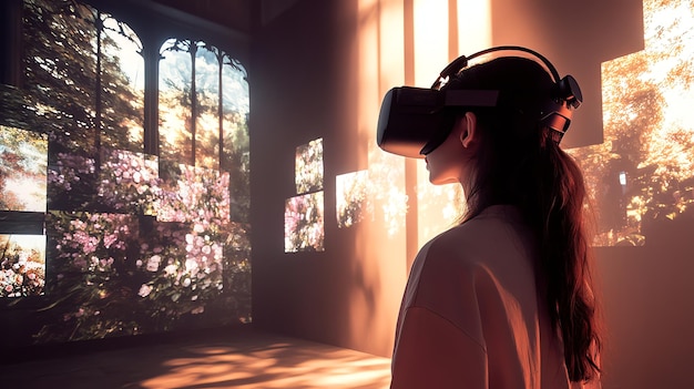 Photo woman wearing vr headset in a room with projections of flowers