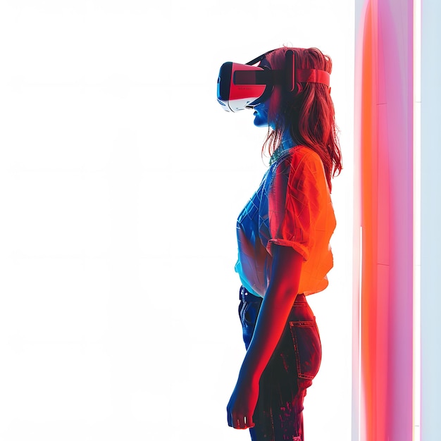 Photo a woman wearing a vr headset stands in a brightly lit space experiencing a virtual reality event