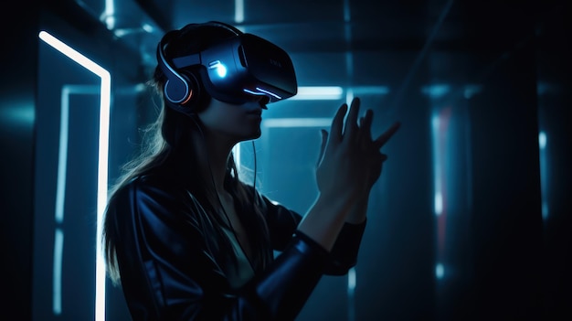 A woman wearing a vr headset stands in a dark room.