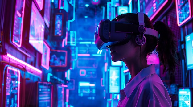 Photo a woman wearing a vr headset stands in front of a blurred cityscape at night