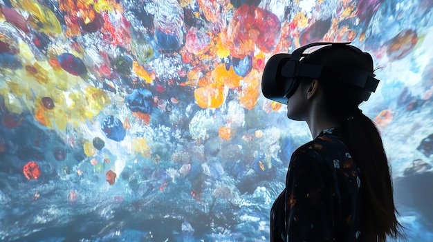 A woman wearing a VR headset stands in front of a colorful abstract projection