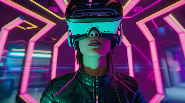 A woman wearing a VR headset stands in a futuristic space illuminated with neon lights