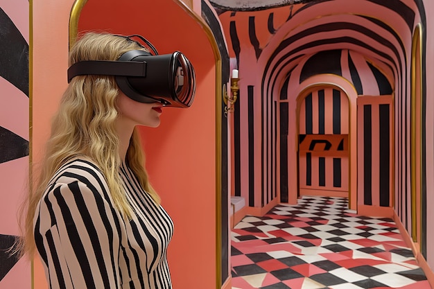 Photo woman wearing vr headset in a surreal pink and black hallway