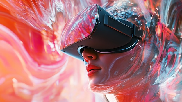 Photo woman wearing a vr headset surrounded by abstract flowing colors