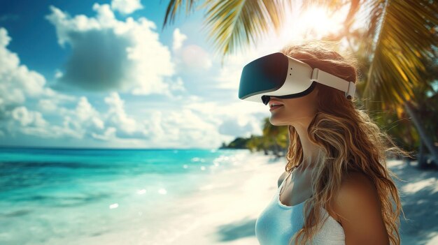 Photo woman wearing vr headset on tropical beach