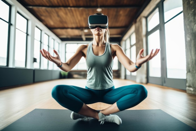 Photo woman wearing a vr headset while doing yoga