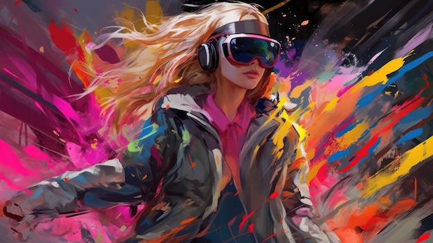 A woman wearing a vr headset with a colorful background.