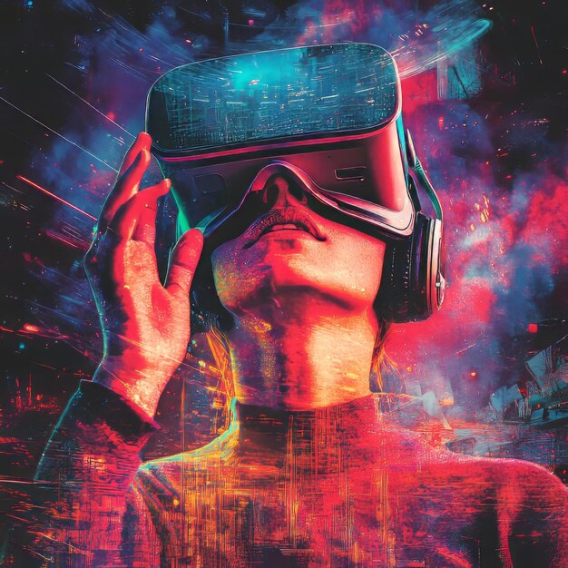 Photo a woman wearing a vr headset with a futuristic background