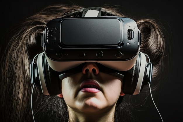 A woman wearing a vr headset with a pair of headphones.