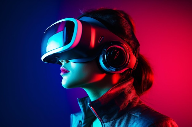 A woman wearing a vr headset with the word vr on the front.