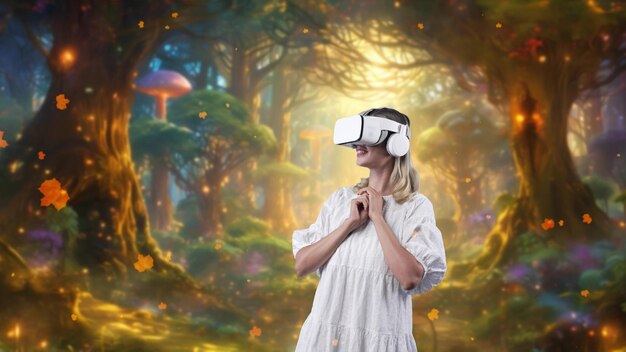 Woman wearing vr stretching arms getting fresh tale maple leaves contraption