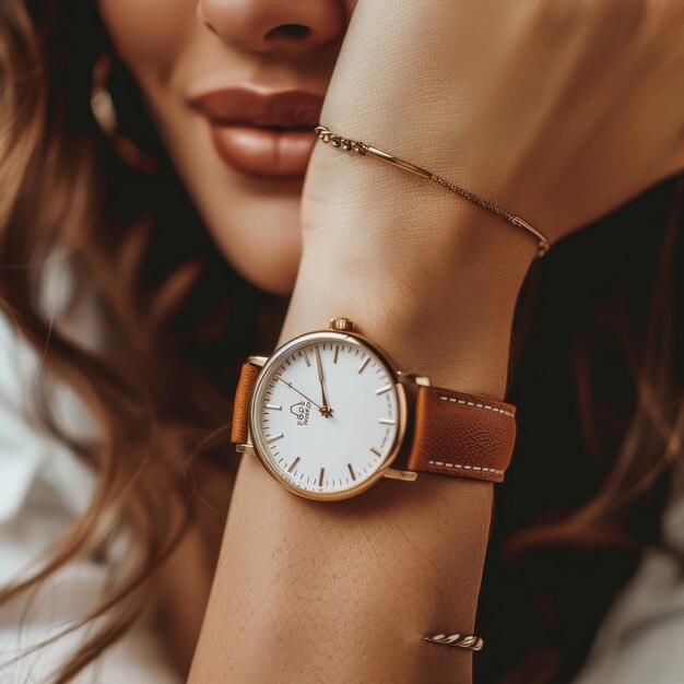 a woman wearing a watch that says  s  on it