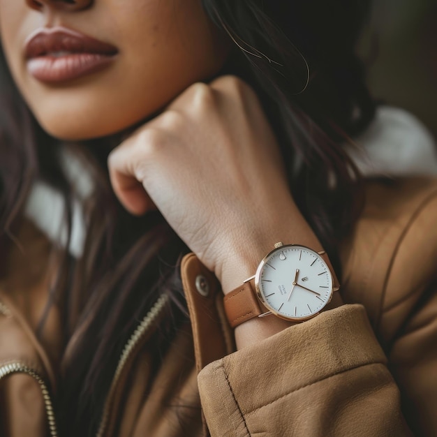 a woman wearing a watch that says  the time