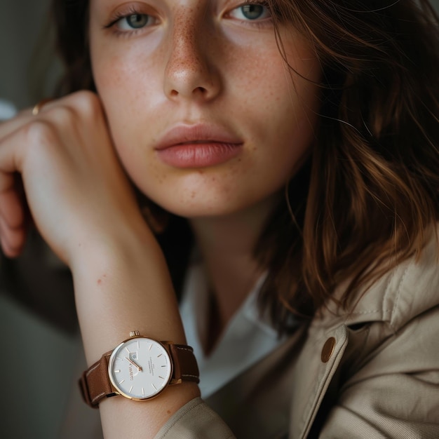 a woman wearing a watch that says  watch