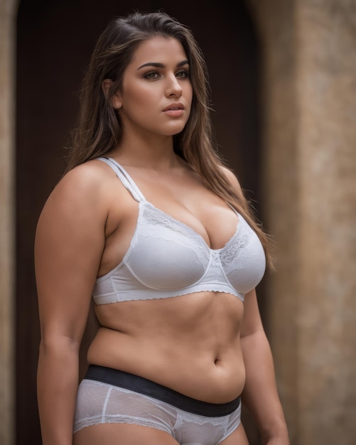 A woman wearing a white bra and underwear