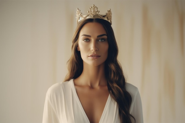 Photo a woman wearing a white dress and a crown on her head this elegant image can be used for various purposes