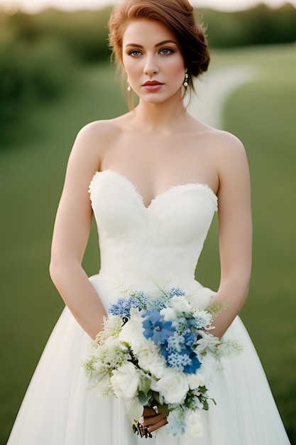 Woman wearing white dress with bouquet