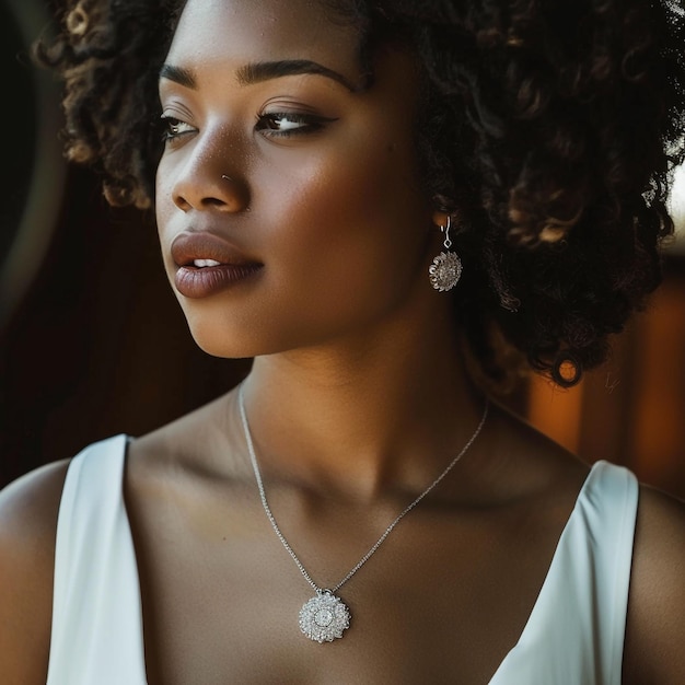 a woman wearing a white dress with a diamond necklace on it