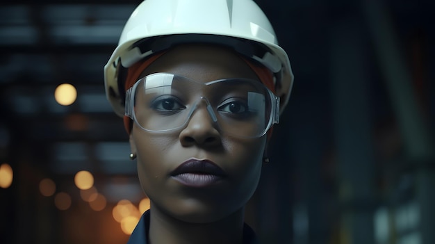 A woman wearing a white hard hat and glasses stands in a dark room.