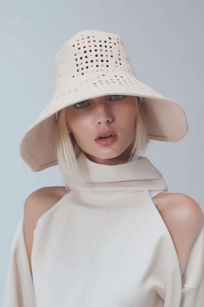 A woman wearing a white hat and a white shirt stands in front of a white wall