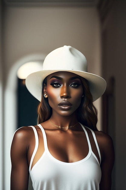 A woman wearing a white hat and a white tank top stands in a hallway.