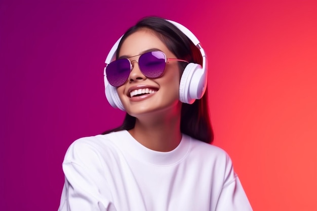 A woman wearing white headphones with pink lenses posing in front of a neon background