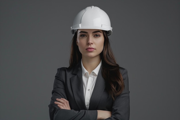 a woman wearing a white helmet with her arms crossed