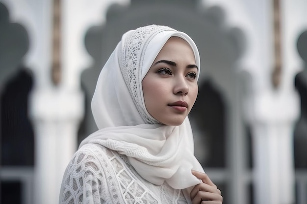 A woman wearing a white hijab stands in front of a building