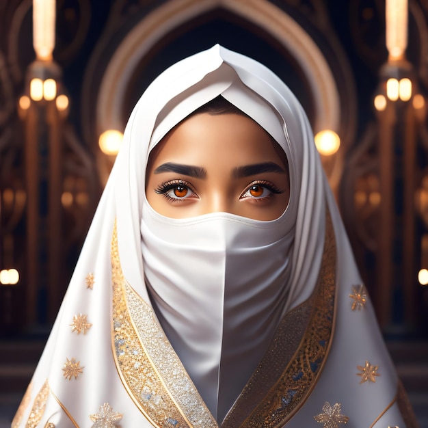 A woman wearing a white hijab with gold eyes and a white hijab