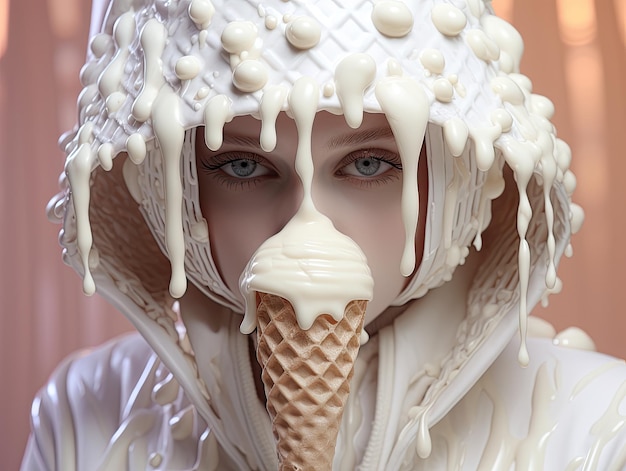 a woman wearing a white hoodie covered in ice cream