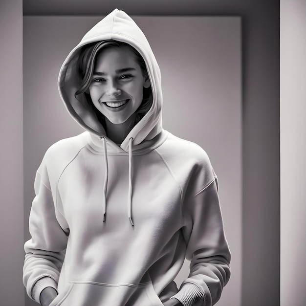 Photo a woman wearing a white hoodie with a smile on her face