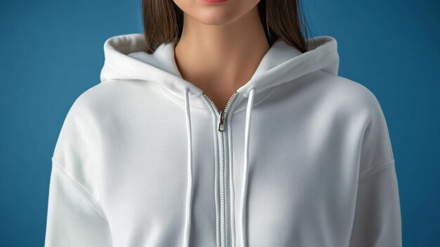 a woman wearing a white hoodie with a zipper on the front