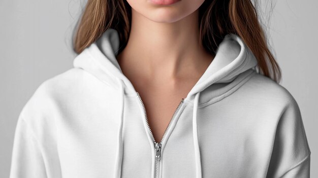 a woman wearing a white hoodie with a zipper on the front