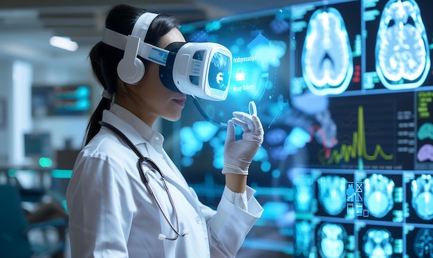 a woman wearing a white lab coat and glasses with the word light on it