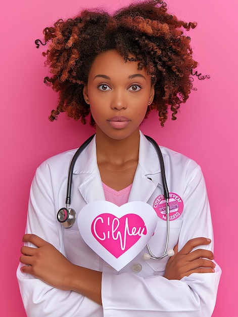 A woman wearing a white lab coat and holding a heart with the name Giffeu on it