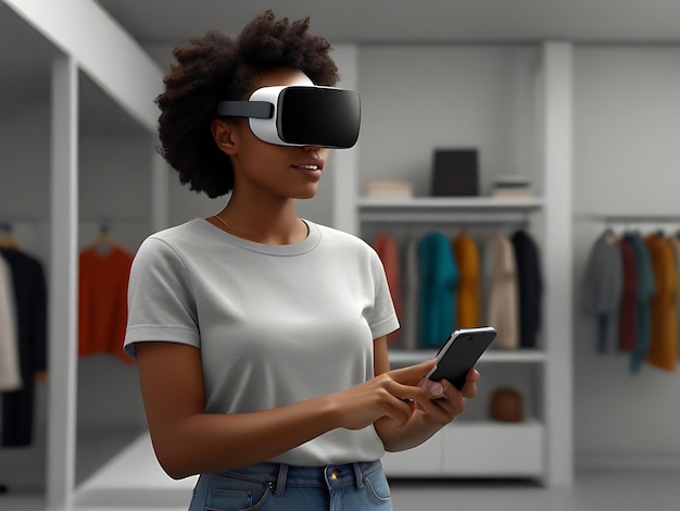 A woman wearing a white lab coat is playing a video game with a virtual reality headset