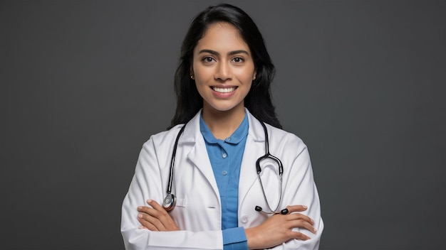 a woman wearing a white lab coat with a stethoscope on her neck