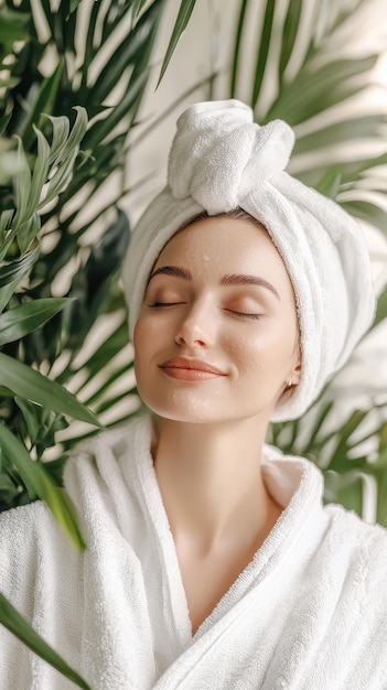 Photo a woman wearing a white robe with a towel on her head is peacefully enjoying a relaxing facial treatment in a spa setting her eyes are closed and a calm expression on her face suggests complete r