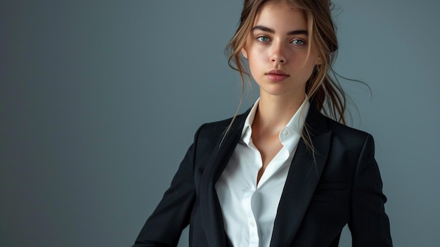 a woman wearing a white shirt and a black suit