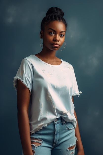 A woman wearing a white shirt and blue jeans stands in front of a dark background.