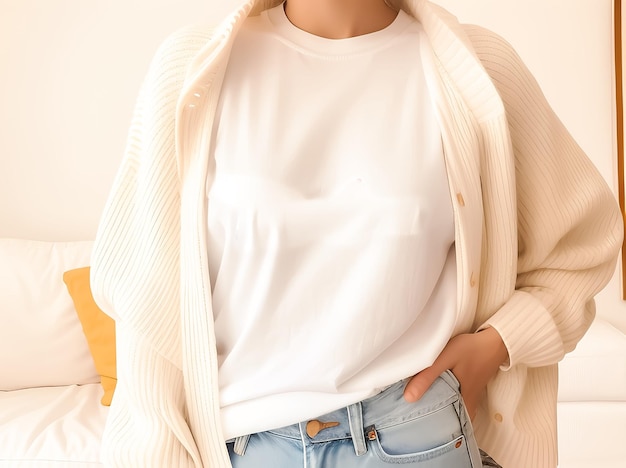 Photo a woman wearing a white shirt and jeans stands on a bed.