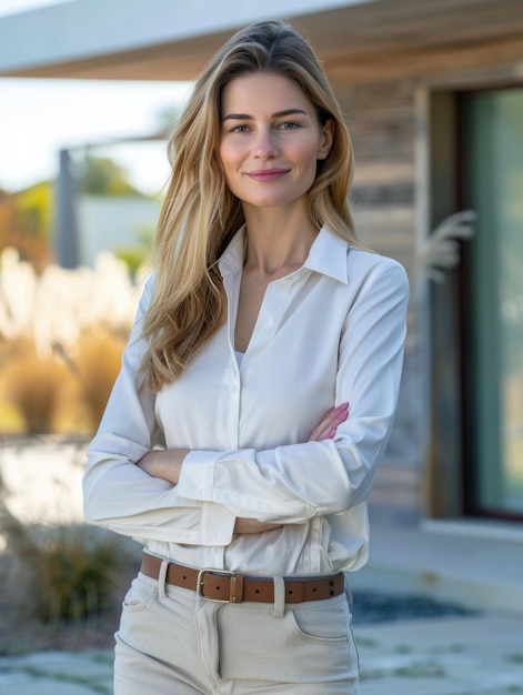 A woman wearing a white shirt and tan pants outside possibly on a hike or leisure activity